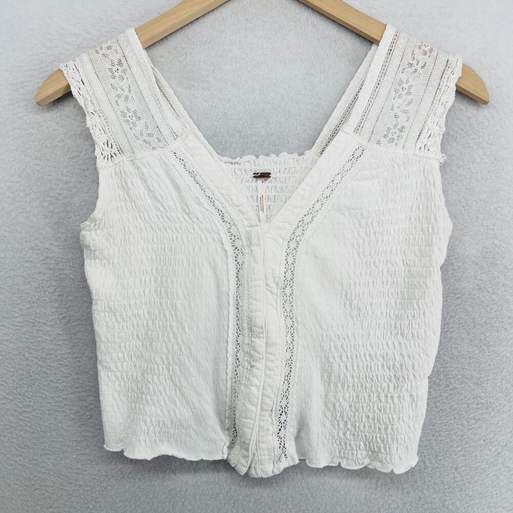FREE PEOPLE Tank Top S On My Mind Vest Smocked Lace Trim Crop Button Up White - Picture 2 of 13